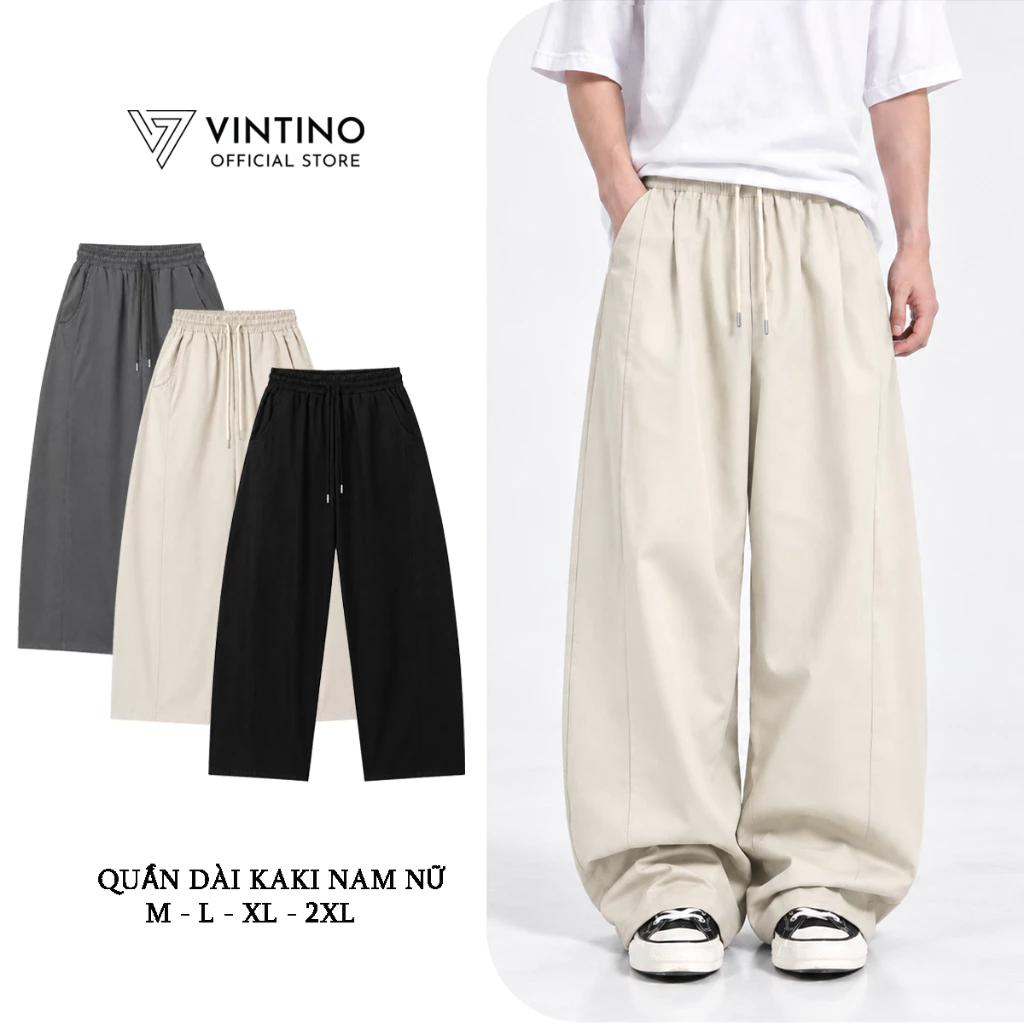 Quần Dài Kaki Ống Rộng VINTINO Nam Nữ Form Suông Cạp Chun Dây Rút QBK03