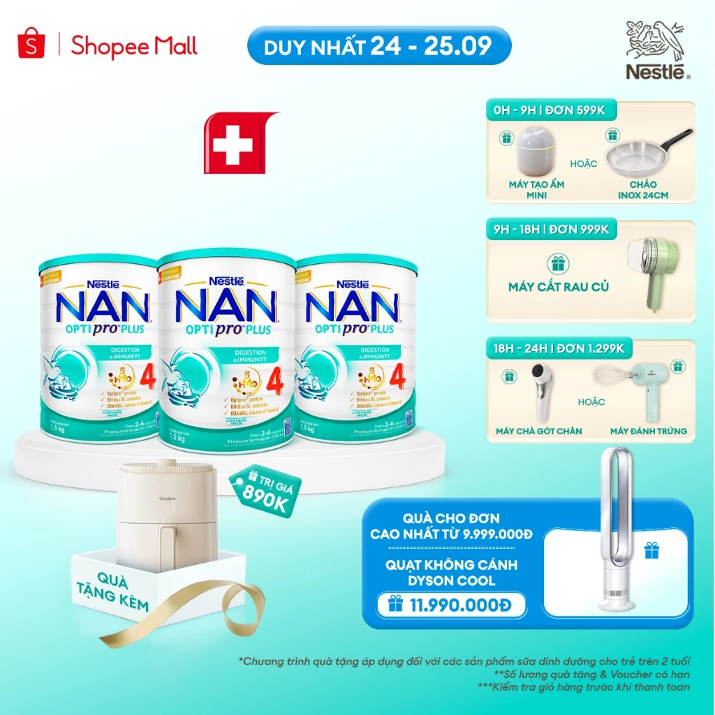 [Tặng Nồi chiên không dầu Gaabor] Bộ 3 lon Sữa bột Nestlé NAN OPTIPRO PLUS 4 1500g/lon với 5HMO Giúp tiêu hóa tốt