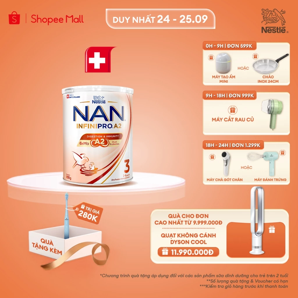 [Tặng Bàn chải điện Kalpen] Sữa bột Nestle NAN INFINIPRO A2 3 800g Cho Bé 2 - 6 Tuổi Có Đạm A2, 6HMO & Lợi Khuẩn Kép