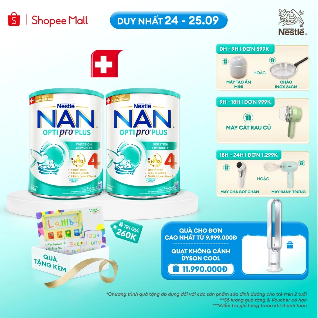 [Tặng Đồ chơi phân loại màu sắc] Bộ 2 lon Sữa bột Nestlé NAN OPTIPRO PLUS 4 800g/lon với 5HMO Giúp tiêu hóa và đề kháng