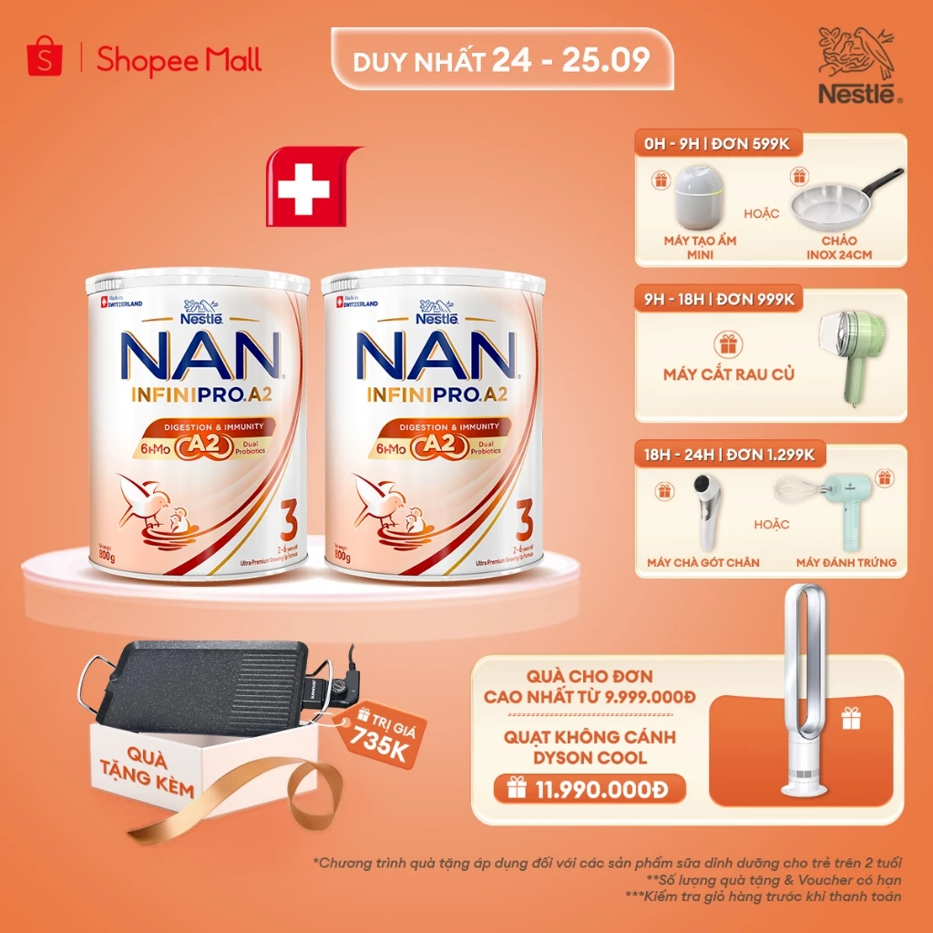 [Tặng Bếp nướng điện Sunhouse] Bộ 2 lon Sữa bột Nestle NAN INFINIPRO A2 3 800g từ 2-6 Tuổi Có Đạm A2,6HMO, Lợi Khuẩn Kép