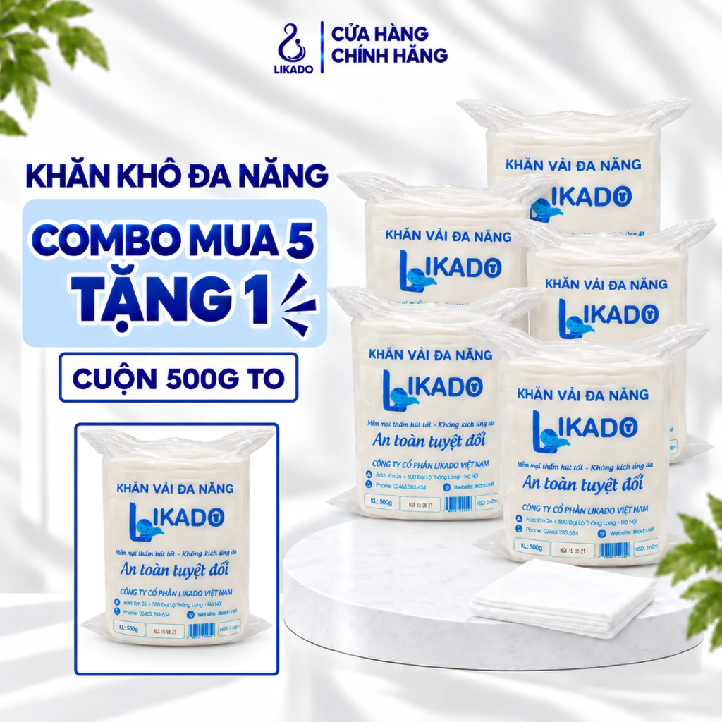 Khăn khô đa năng likado cho bé cuộn to 500g kích thước 18x20cm- 5 cuộn tặng 1