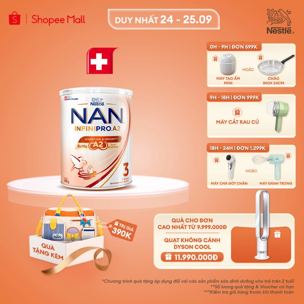 [Tặng Túi du lịch có charm ngựa] Sữa bột Nestle NAN INFINIPRO A2 3 800g Cho Bé 2 - 6 Tuổi Có Đạm A2, 6HMO, Lợi Khuẩn Kép
