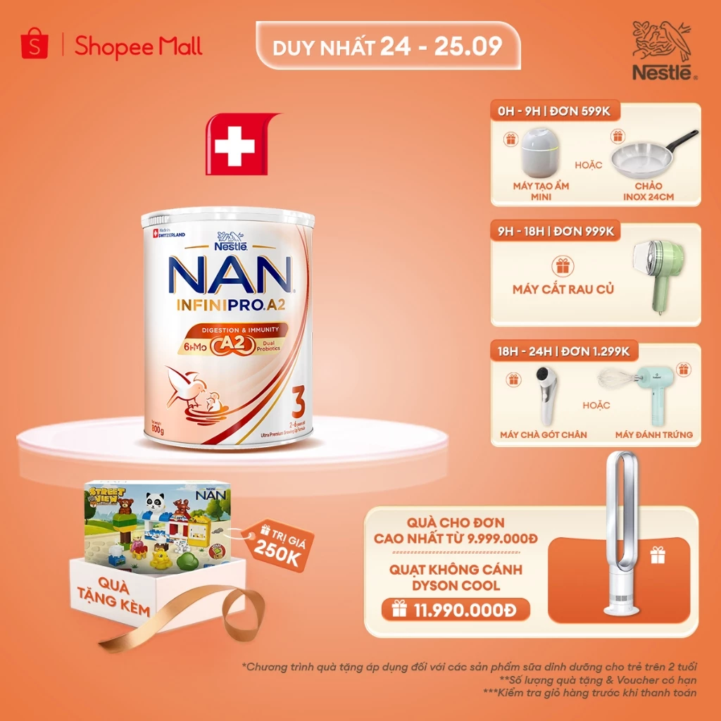 [Tặng Đồ chơi xếp khối] Sữa bột Nestle NAN INFINIPRO A2 3 800g Cho Bé 2 - 6 Tuổi Có Đạm A2, 6HMO, Lợi Khuẩn Kép