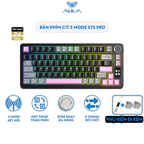 Bàn phím cơ không dây AULA S75 pro - Có màn led tùy chỉnh - LED RGB xuôi - 3 mode kết nối tiện lợi