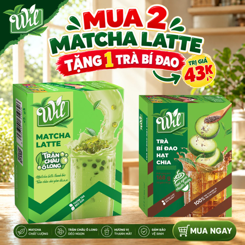 Bột matcha latte Wil - Set pha trà sữa matcha hòa tan có topping trân châu 3Q ô long hộp 5 set