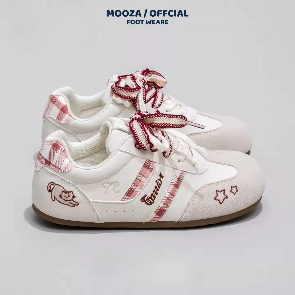Giày Sneaker Nữ Unisex Phối Caro Hồng Đỏ Dây Giày Thời Trang Mũi Tròn Thêu Hình Mèo & Ngôi Sao Phong Cách Hàn Quố/Signat