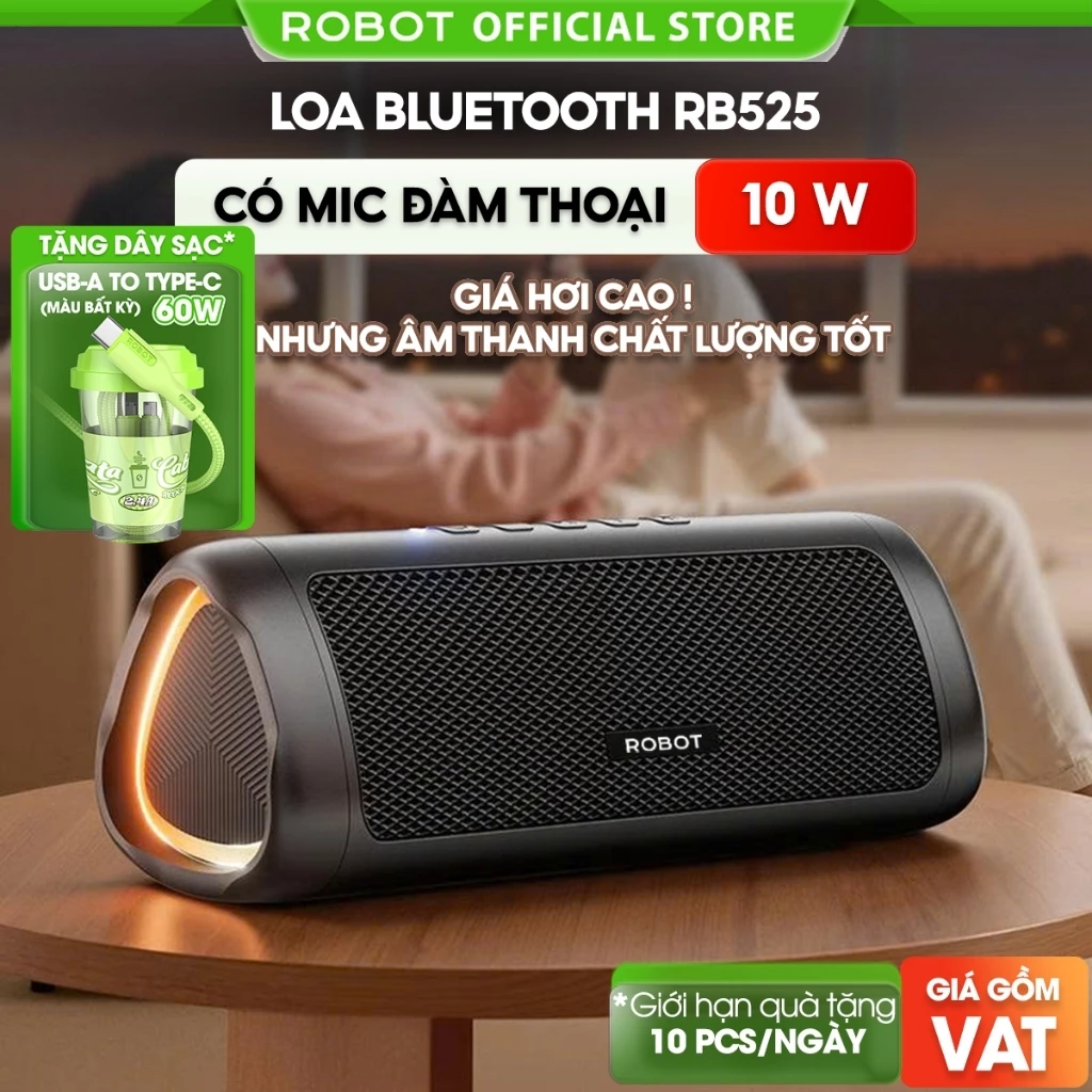 Loa Bluetooth 5.3 Robot RB525 Bass Mạnh 10W Đèn Led RGB, Kháng Nước, Pin Trâu - Hỗ Trợ Kết Nối Thẻ Nhớ, AUX