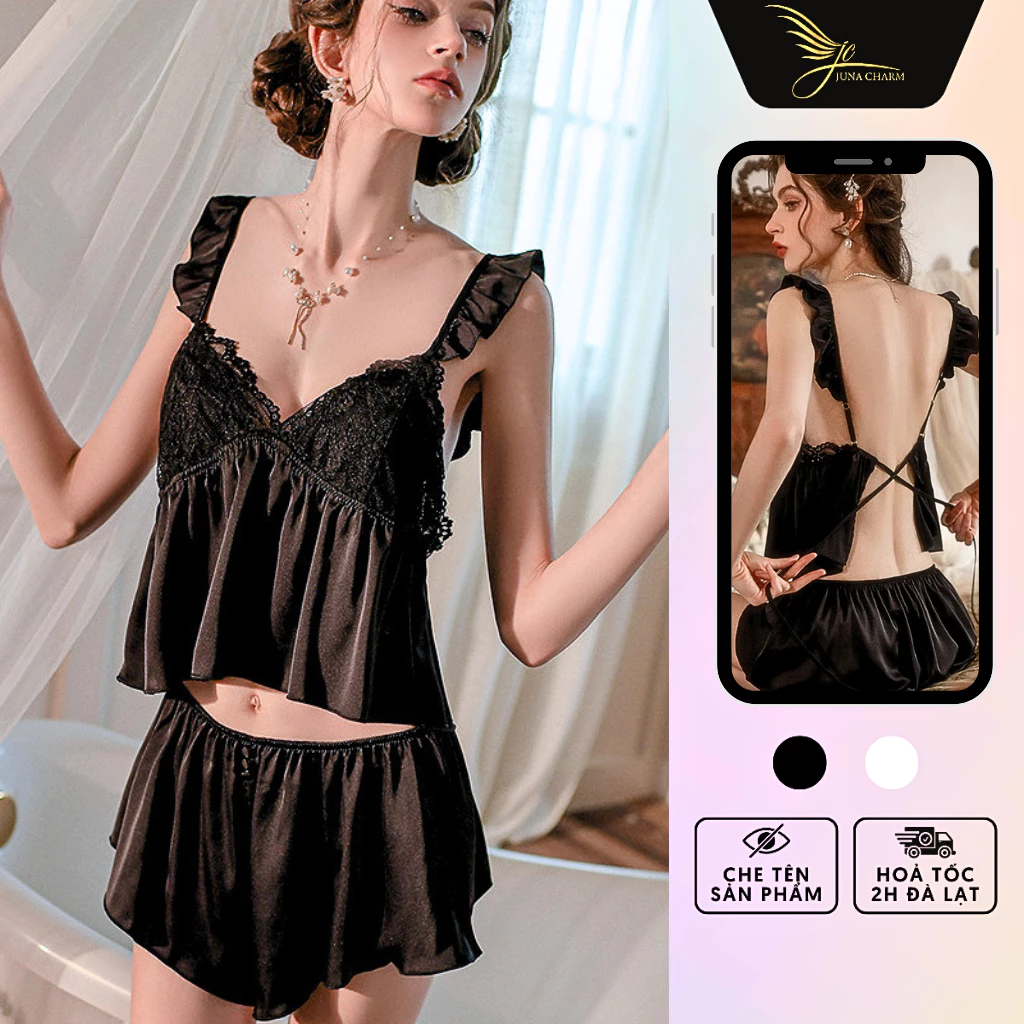 Bộ Ngủ 2 Dây Quần Đùi, Đồ Mặc Nhà Sexy JUNA Freesize Thời Trang Đồ Ngủ Dành Cho Nữ, Chất Lụa Phối Ren, Màu Đen/SP6418
