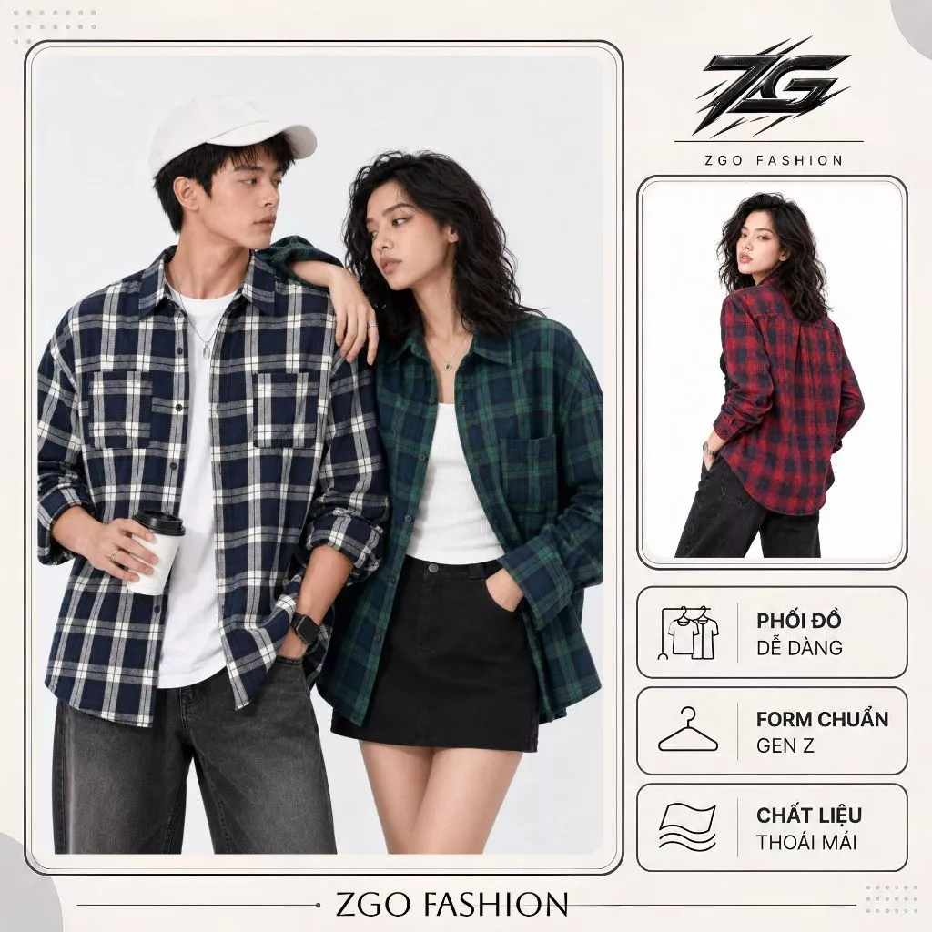 Áo sơ mi khoác ngoài flannel ZGO unisex sọc caro form rộng chất vải nỉ dày dặn thoáng mát ACARO20