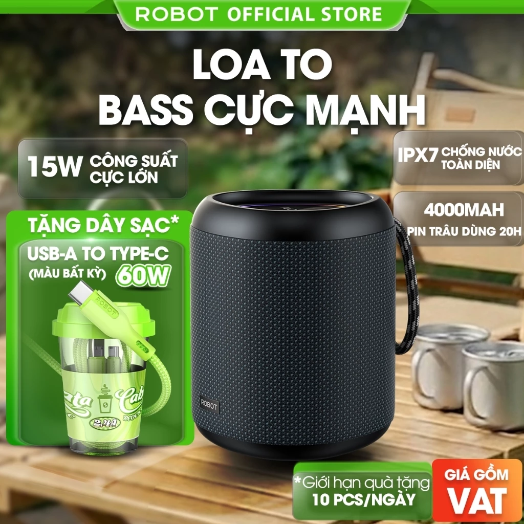 Loa Bluetooth ROBOT RB120S 15W Kháng Nước IPX7 Đèn Led RGB - Hỗ Trợ Kết Nối Thẻ Nhớ, AUX Tiện Lợi Âm Bass Mạnh