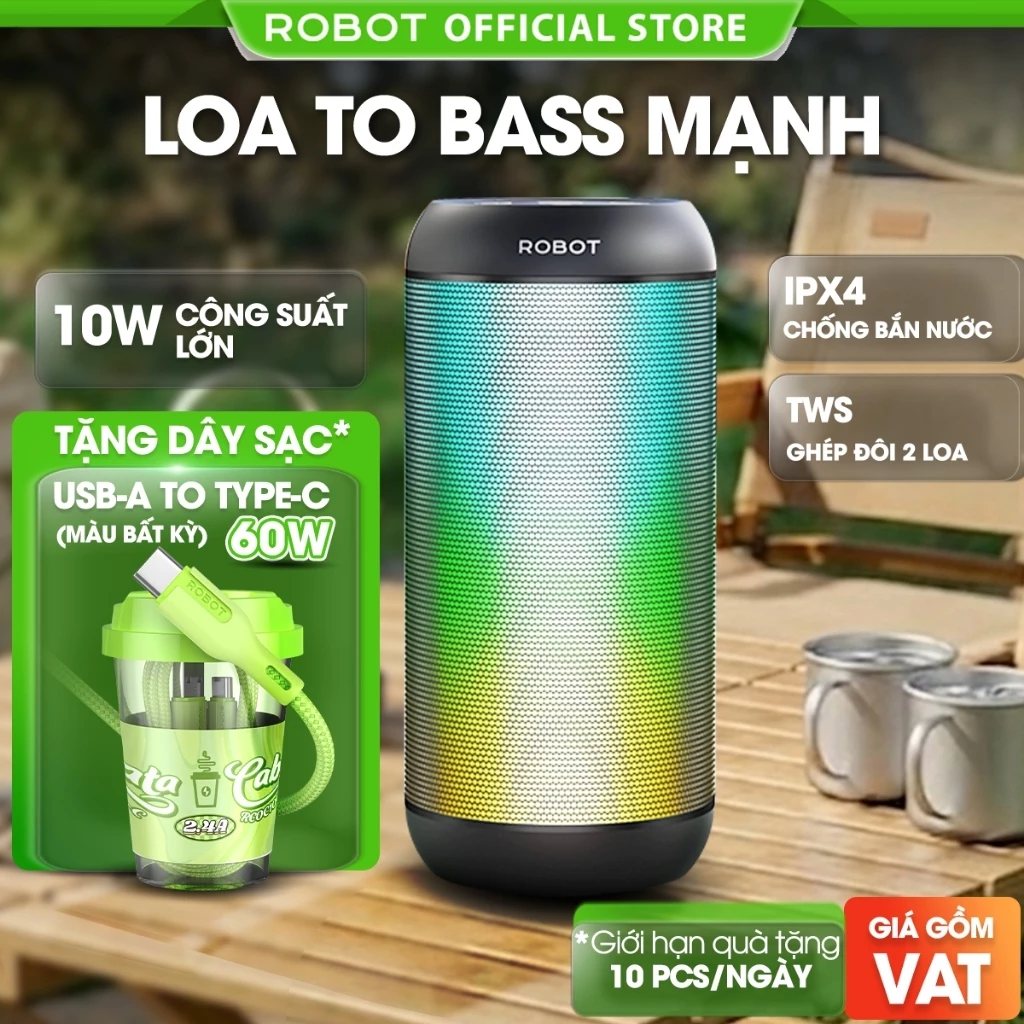 Loa Bluetooth ROBOT RB510 Bass Lớn Công Suất 10W Đèn Led RGB Chống Nước - Hỗ trợ Kết Nối Thẻ Nhớ/USB/ AUX Cổng 3.5