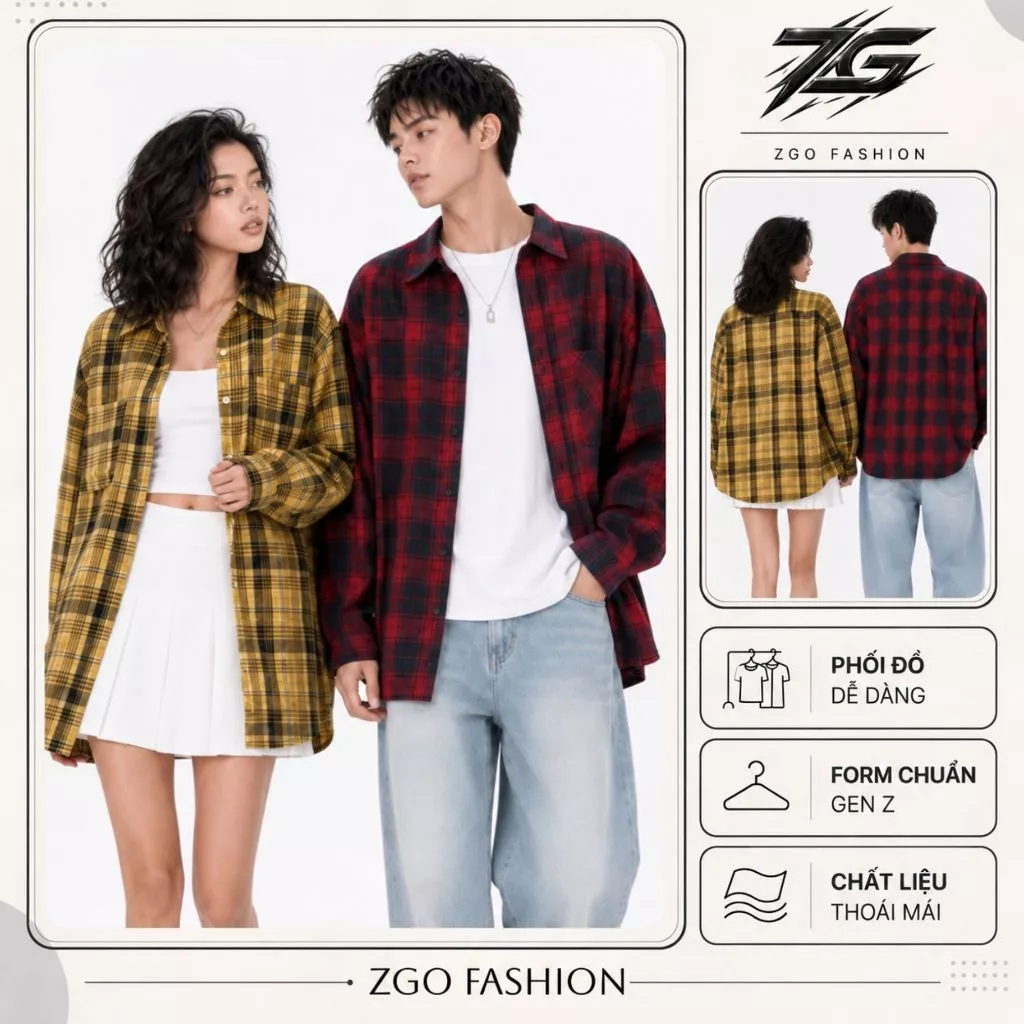 Áo sơ mi khoác ngoài flannel ZGO unisex sọc caro form rộng chất vải nỉ dày dặn thoáng mát ACARO20