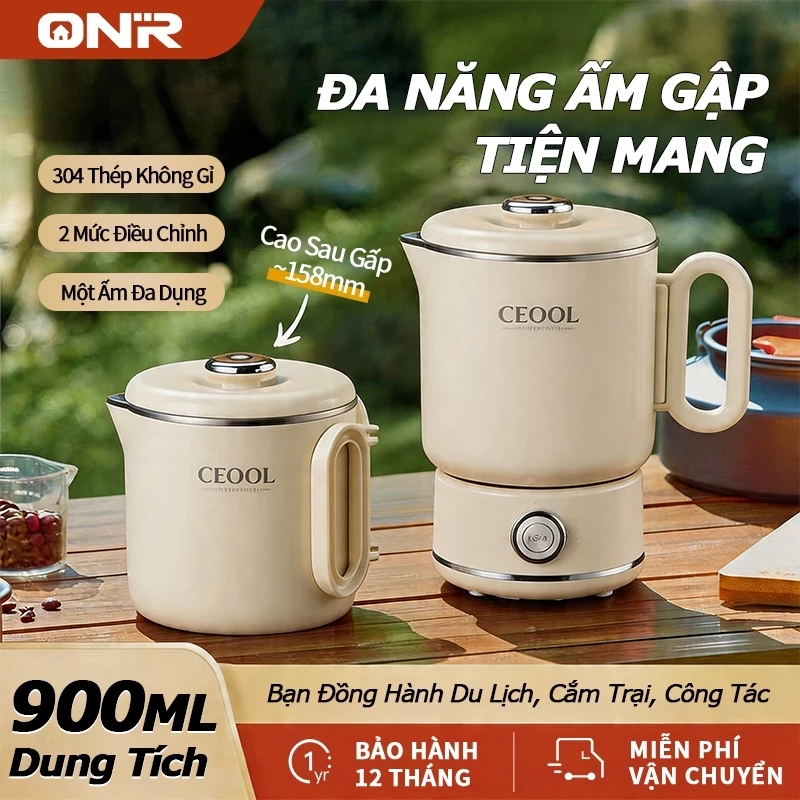 ONR-Ấm Đun Nước Điện 900ML, Chống Bỏng Hai Lớp, Ấm Đun Nước Gấp Gọn 600W, Nồi Nấu Mì