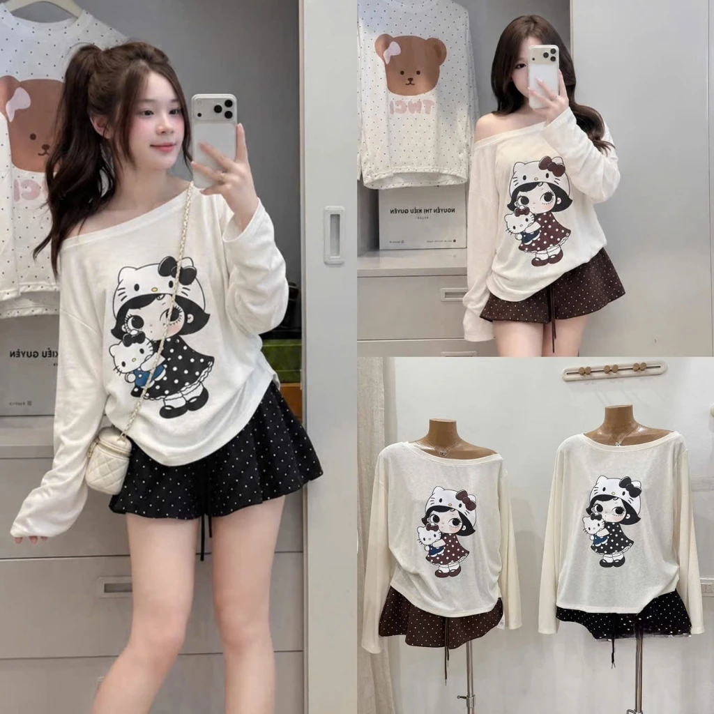 (Hàng Mới): Set Bộ Áo Thun Giấy Lệch Vai Dài Tay In Hình Em Bé Mũ Nơ Mix Quần Sooc Chấm Bi 2 Màu-Ảnh Thật Lollaye