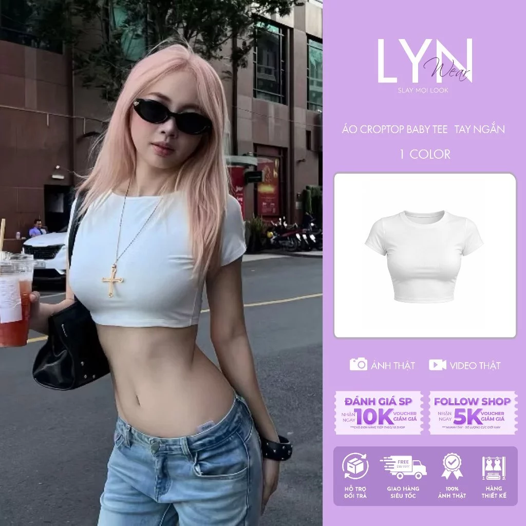 | LYN WEAR | Áo Croptop Baby Tee Nữ Cổ Tròn Tay Ngắn Ôm Body Basic Thun Gân Co Giãn