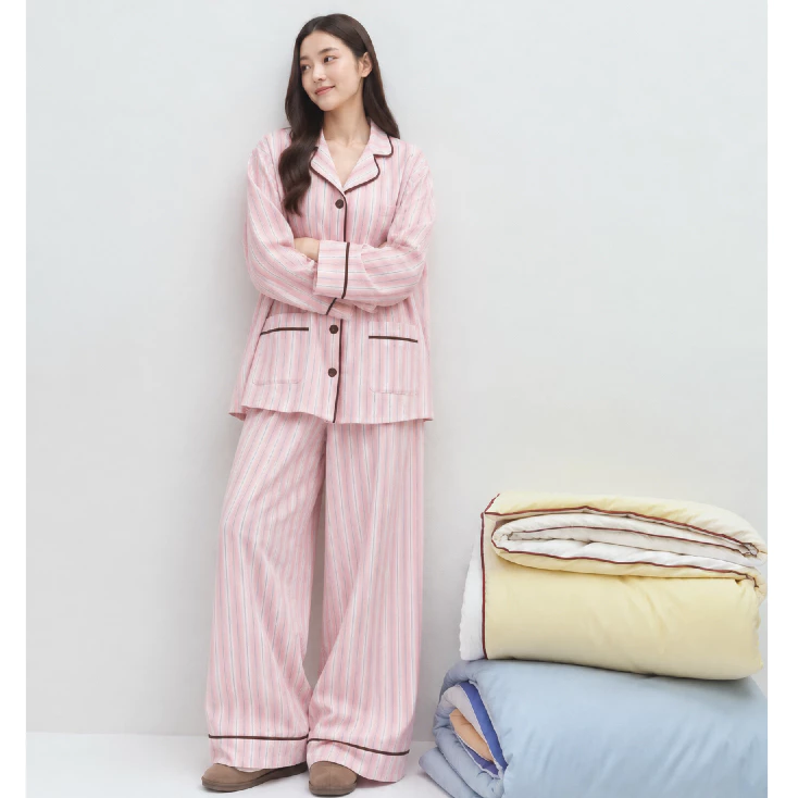 [ Fit to sleep ] PEONY – Đồ Ngủ Nữ Pijama Dài Tay Sọc Pastel, Quần Dài Form Rộng, Phong Cách Hàn Quốc