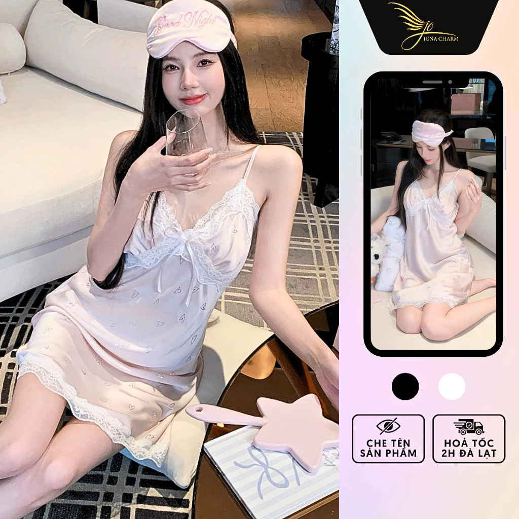 Váy Ngủ 2 Dây, Đầm Ngủ Xinh Xắn JUNA Freesize Thời Trang Đồ Ngủ Dành Cho Nữ, Chất Lụa Phối Ren Cao Cấp, Màu Hồng/SP7122