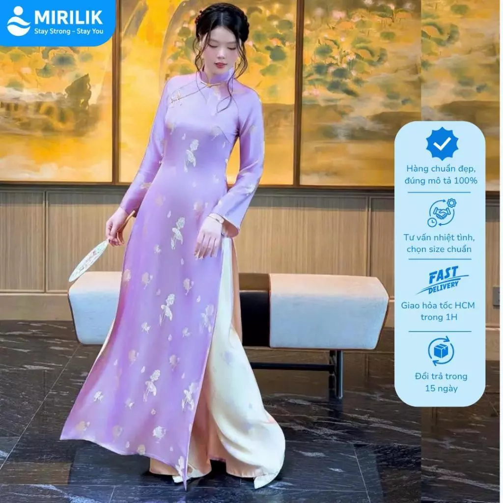 Áo Dài Lụa Gấm Màu Tím Pastel Ngọt Ngào Chuẩn Form Tiểu Thư Kèm Quần - Áo Dài Truyền Thống Duyên Dáng MIRILIK