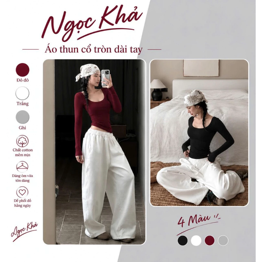 Áo Thun Nữ Cổ U Dài Tay Chất Cotton Mềm Mịn Dáng Ôm Vừa Tôn Dáng Dễ Phối Đồ A43