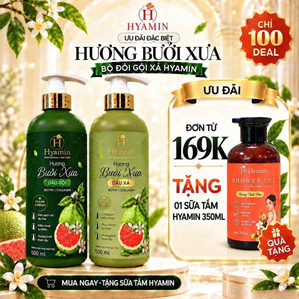 Bộ Dầu Gội Dầu Xả Hyamin Hương Bưởi Xưa 500ml Làm sạch dịu nhẹ, dưỡng tóc mềm mượt, hỗ trợ giảm gãy rụng