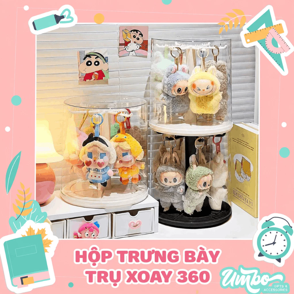 HỘP TRƯNG BÀY TRỤ XOAY 360 ĐỘ ĐỰNG MÔ HÌNH CHỐNG BỤI NẮP ĐẬY