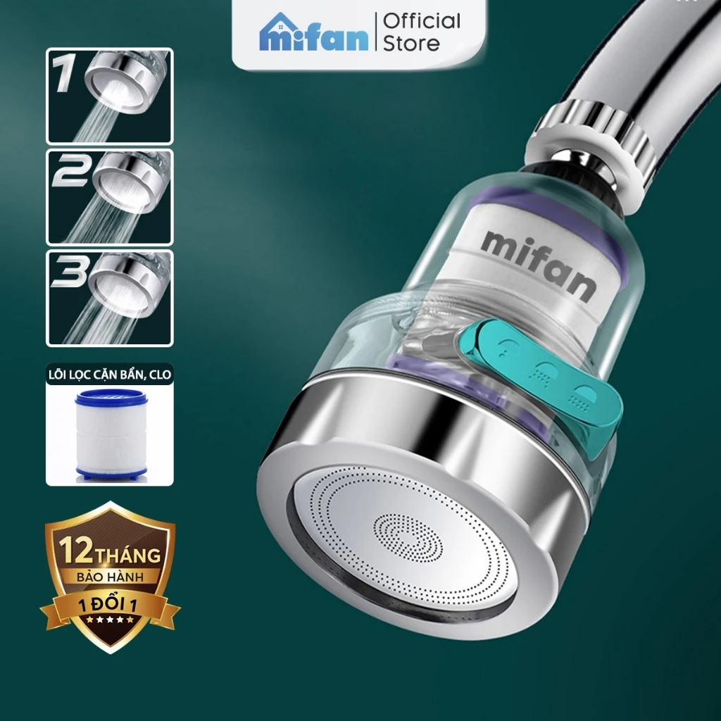 Đầu vòi rửa bát tăng áp lọc nước 3 chế độ phun Mifan - Lõi PP loại bỏ cặn bẩn, clo, màu và mùi, cổ xoay 360 bồn rửa chén