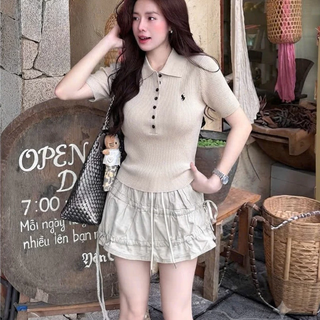 Áo Polo Nữ Cổ Bẻ Dệt Gân Tay Ngắn Form Ôm Body Thanh Lịch Basic Thời Trang Nữ