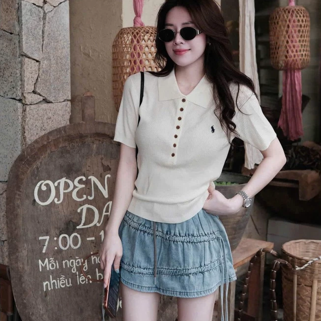 Áo Polo Nữ Cổ Bẻ Dệt Gân Tay Ngắn Form Ôm Body Thanh Lịch Basic Thời Trang Nữ
