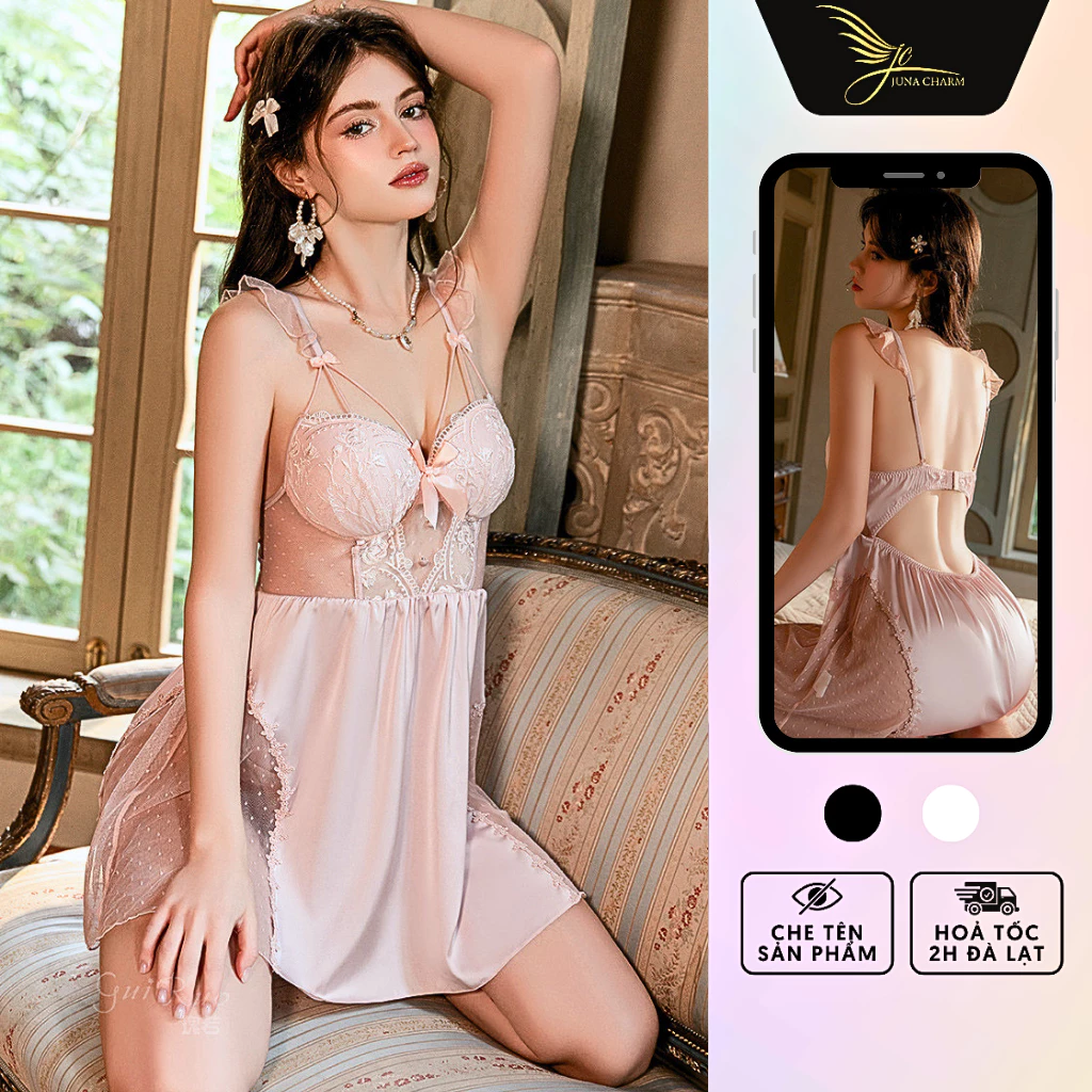 Váy Ngủ 2 Dây, Đầm Ngủ Cup Ngực Sexy JUNA Freesize Thời Trang Đồ Ngủ Dành Cho Nữ Chất Vải Lụa Phối Ren, Màu Trắng/SP5962