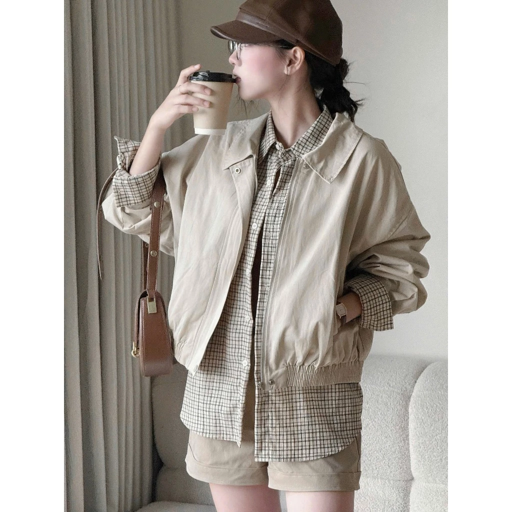 Áo Khoác Jacket Kaki Cổ Bẻ Lót Sọc Tay - Phong Cách Hàn Quốc Trẻ Trung Thời Trang Nữ 2027