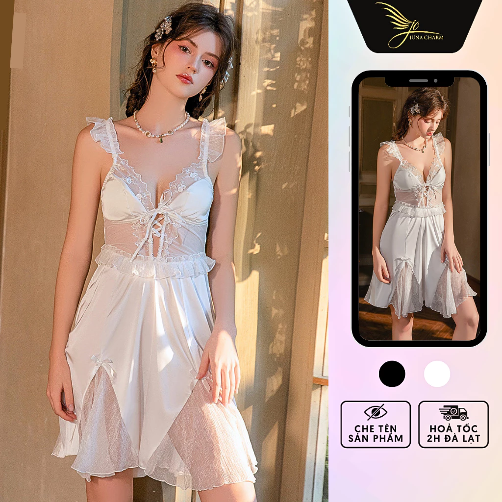 Váy Ngủ 2 Dây, Đầm Ngủ Thiết Kế JUNA Freesize Thời Trang Đồ Ngủ Dành Cho Nữ, Chất Lụa Phối Ren Voan, Màu Trắng/SP6775