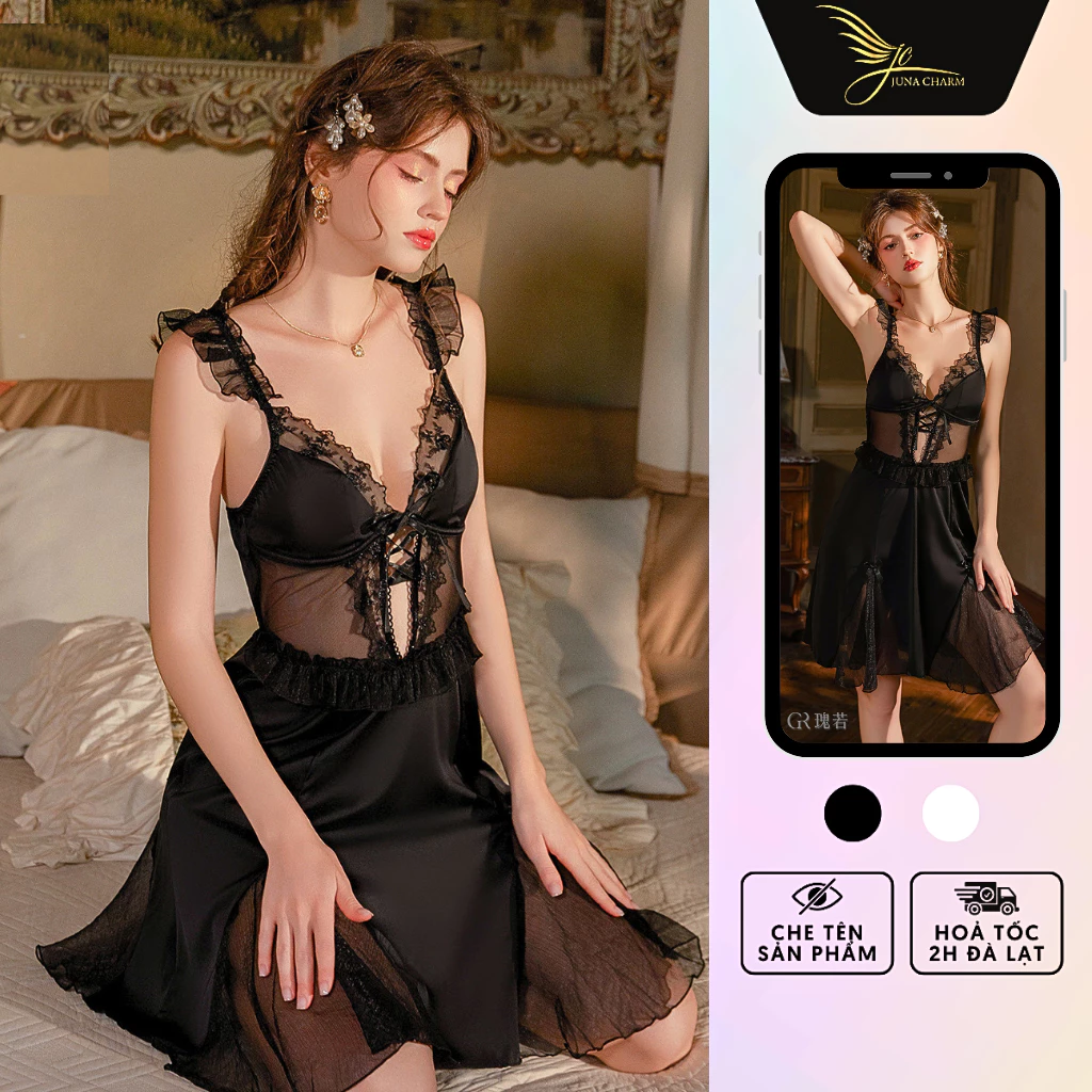Váy Ngủ 2 Dây, Đầm Ngủ Thiết Kế Sexy JUNA Freesize Thời Trang Đồ Ngủ Dành Cho Nữ, Chất Lụa Phối Ren Voan, Màu Đen/SP6775