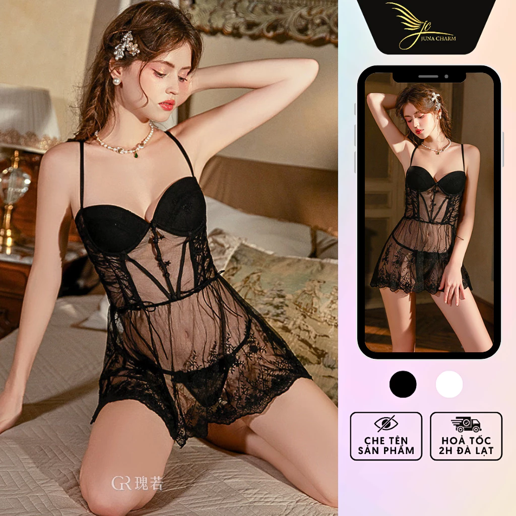 Váy Ngủ 2 Dây, Đầm Ngủ Dáng Corset JUNA Freesize Thời Trang Đồ Ngủ Dành Cho Nữ, Chất Vải Ren Phối Voan, Màu Đen/SP5962