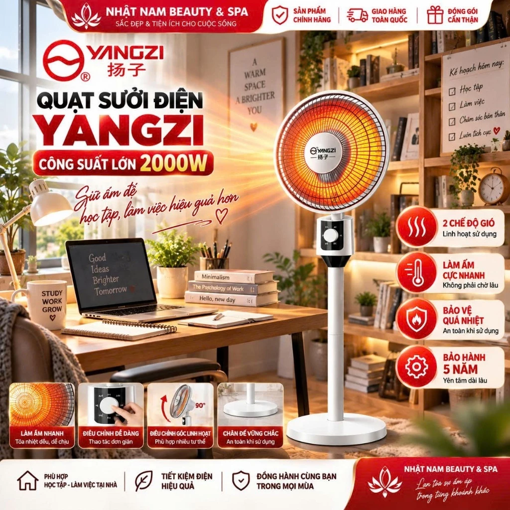 Quạt Sưởi Điện YANGZI Công Suất Lớn 2000W, 2 Chế Độ Gió, Làm Ấm Cực Nhanh, Bảo Vệ Quá Nhiệt, Hoạt Động Mạnh Mẽ
