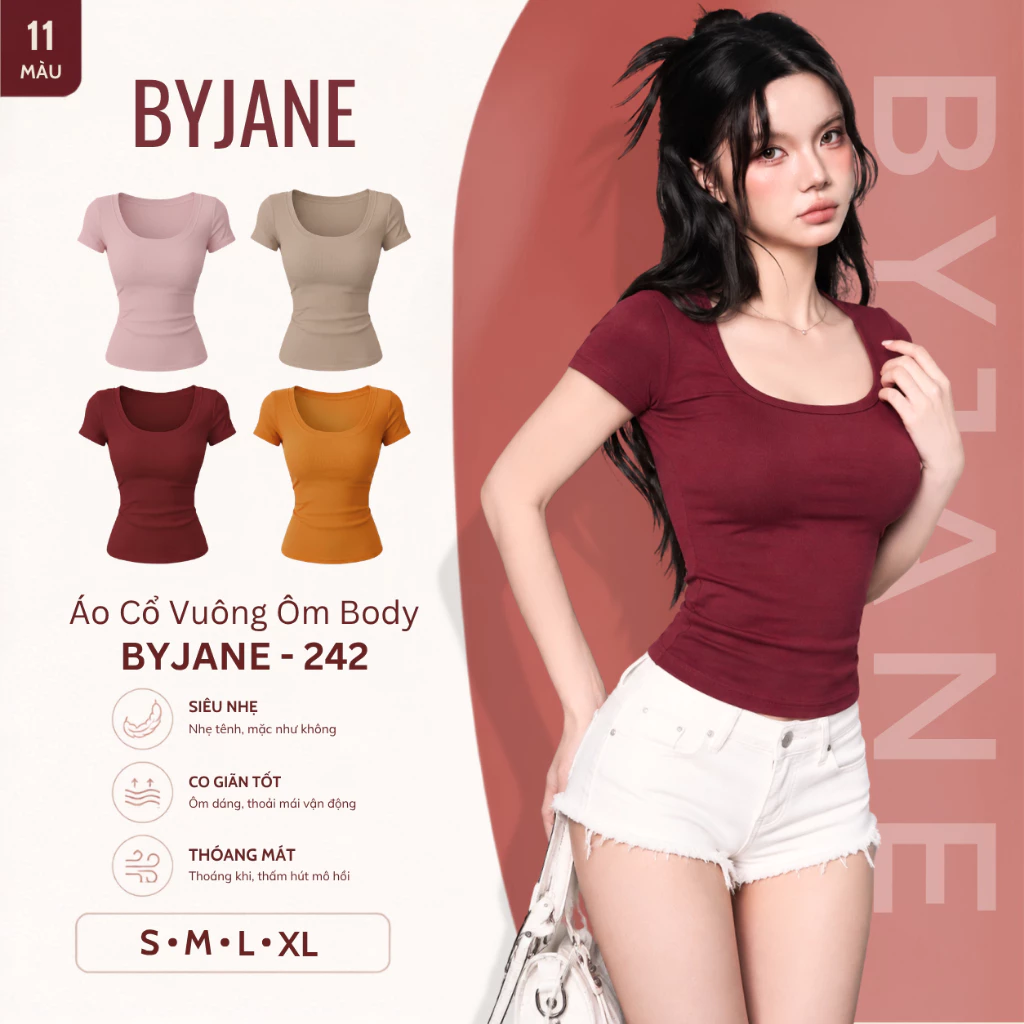 [ MÀU MỚI ] Áo Thun Nữ Cổ Vuông Ôm Body Tay Ngắn Chất Thun Mịn Co Giãn 4 Chiều Mềm Mịn Tôn Dáng Basic BYJANE – 242