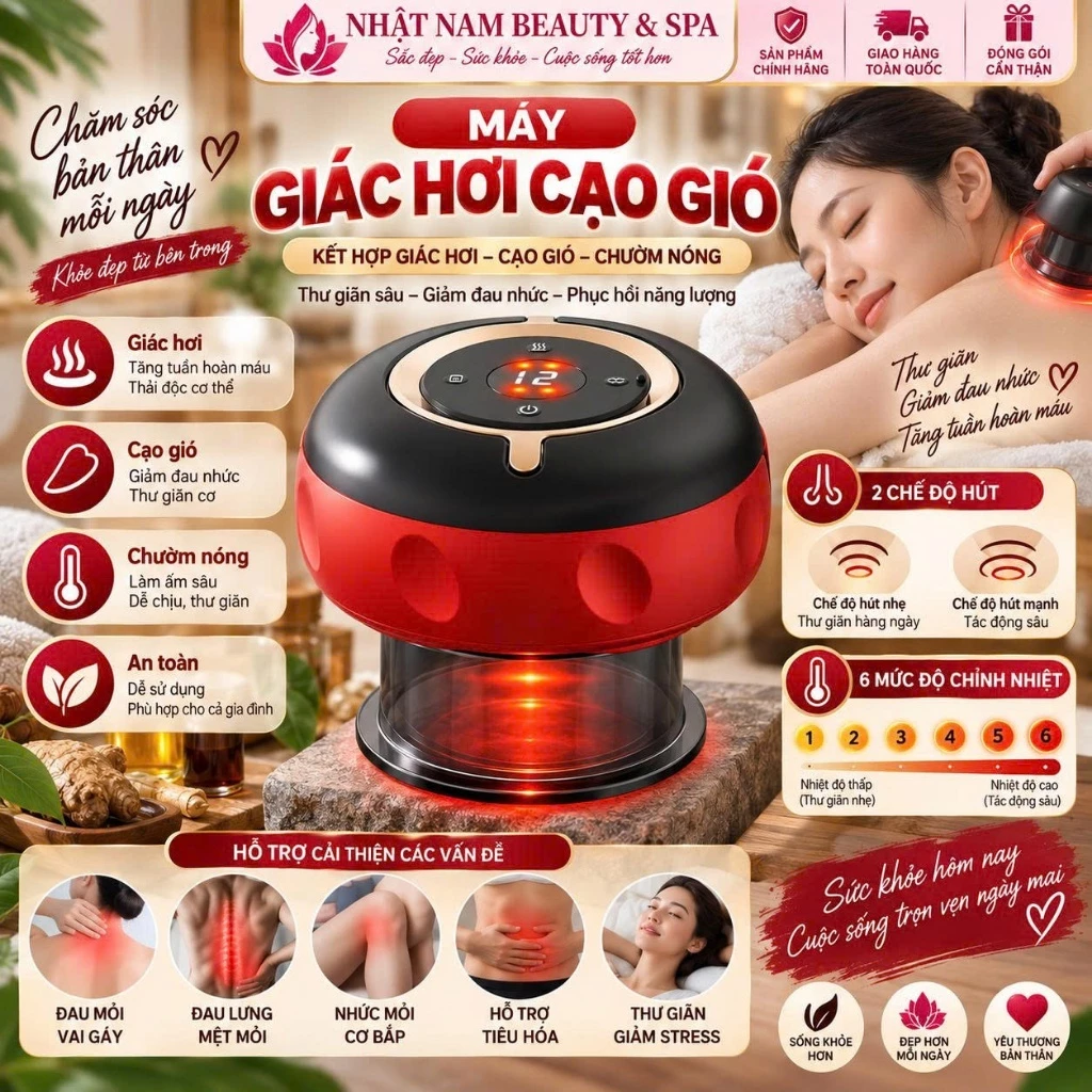 Máy giác hơi cạo gió cầm tay, Máy giác hơi tích điện thông minh 6 cấp độ giảm đau nhức mỏi cơ thể, tăng tuần hoàn máu
