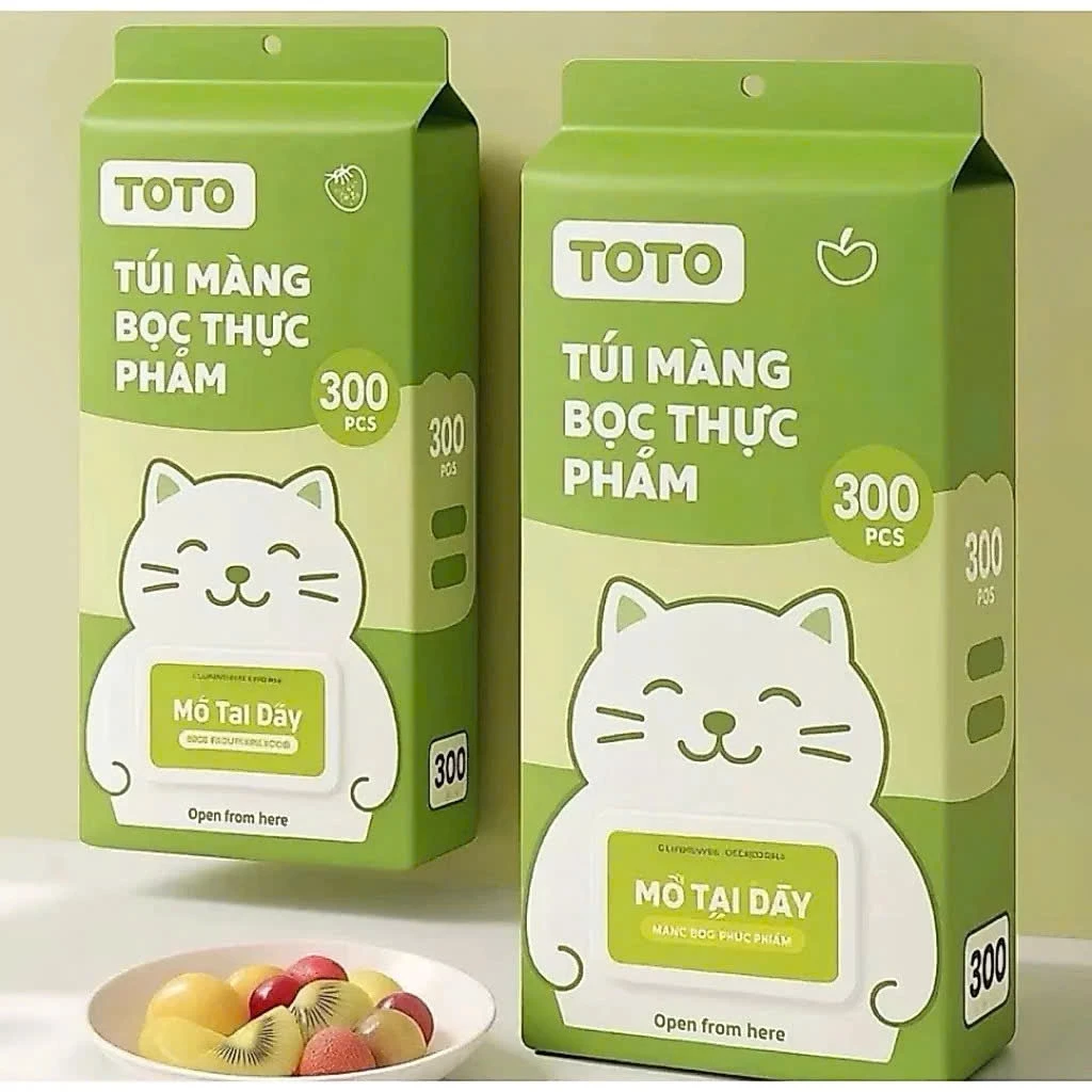 Túi 300 màng bọc thực phẩm ToTo chất liệu PE treo tường dạng rút, tiện lợi, có chun co dãn