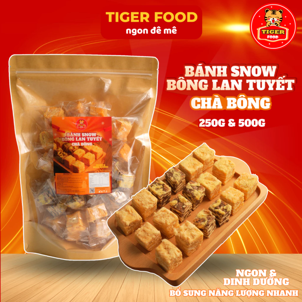 Bánh Snow Bông Lan Tuyết Chà Bông TIGER FOOD Bánh Ăn Vặt Dinh Dưỡng 3 Vị Phô Mai - Trứng Muối - Sô Cô La - Đồ Ăn Vặt