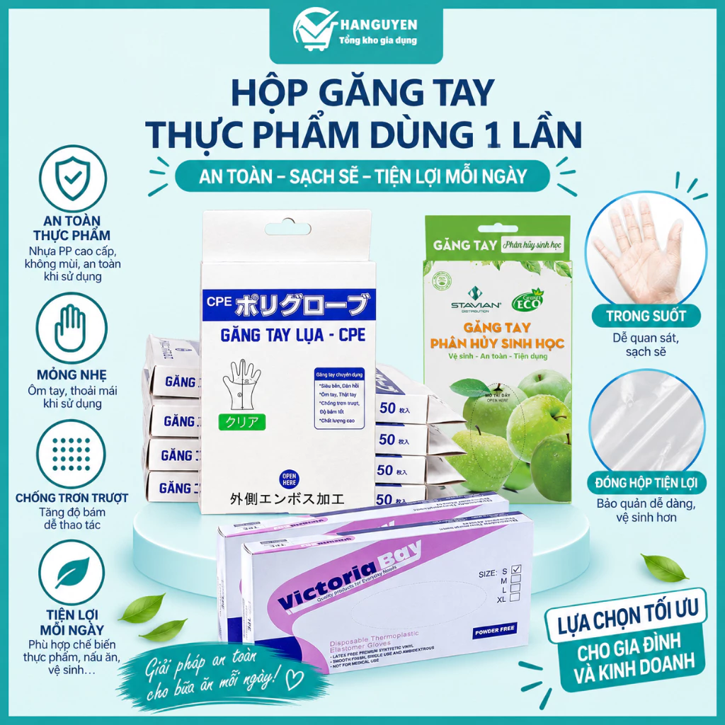 Găng Tay Thực Phẩm Dùng 1 Lần - Bao Tay Nilon TPE, Găng Tay Lụa CPE, Găng Tay Sinh Học Tự Hủy
