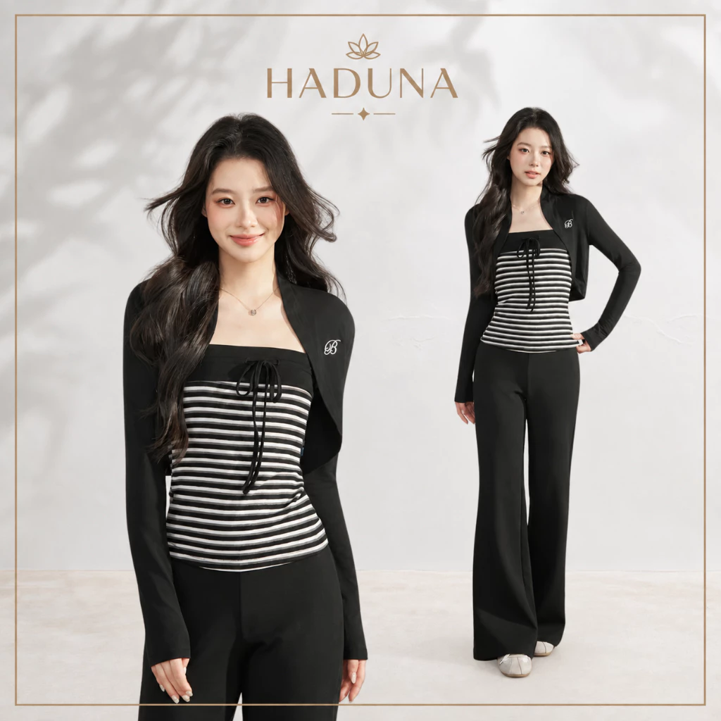 Set 2 Món Nữ Áo Cardigan Croptop Đen Và Áo 2 Dây Kẻ Sọc Ngang Dáng Ôm AT021