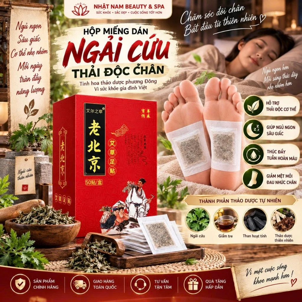 Hộp 50 Miếng Dán Chân Ngải Cứu Lão Bắc Kinh Giúp Ngủ Ngon, Cải Thiện Giấc Ngủ, Giải Độc Cơ Thể, An Toàn Sử Dụng