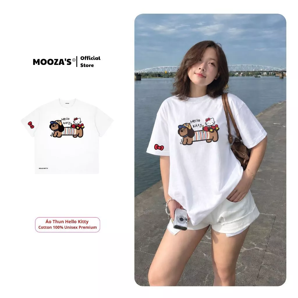 Áo Thun Hello Kitty x Dachshund Dog Form Oversize Unisex - Cotton 100% Cực Xịn Premium