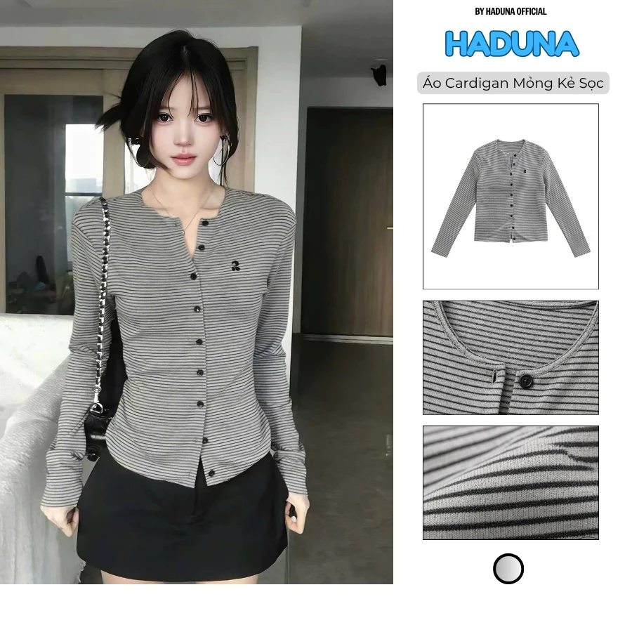 Áo Cardigan Mỏng Dài Tay Cổ Chữ V Xẻ Nhẹ Họa Tiết Kẻ Sọc Thêu Logo Xinh Xắn AL016