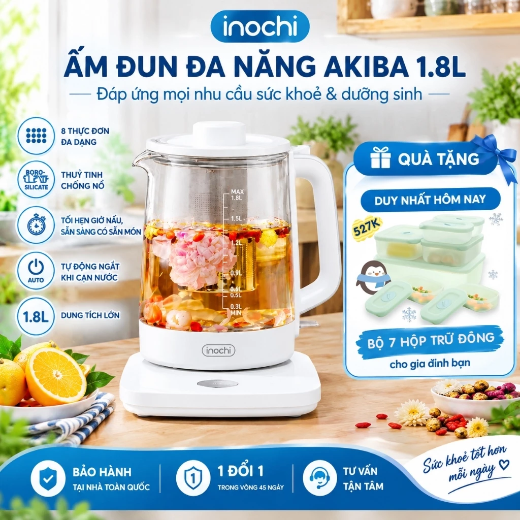 Ấm đun đa năng Akiba 1,8L - Chính hãng inochi Đun Nhanh Ấm Lâu, Nấu Trà, Chưng Yến, Hầm Súp, Giữ Ấm