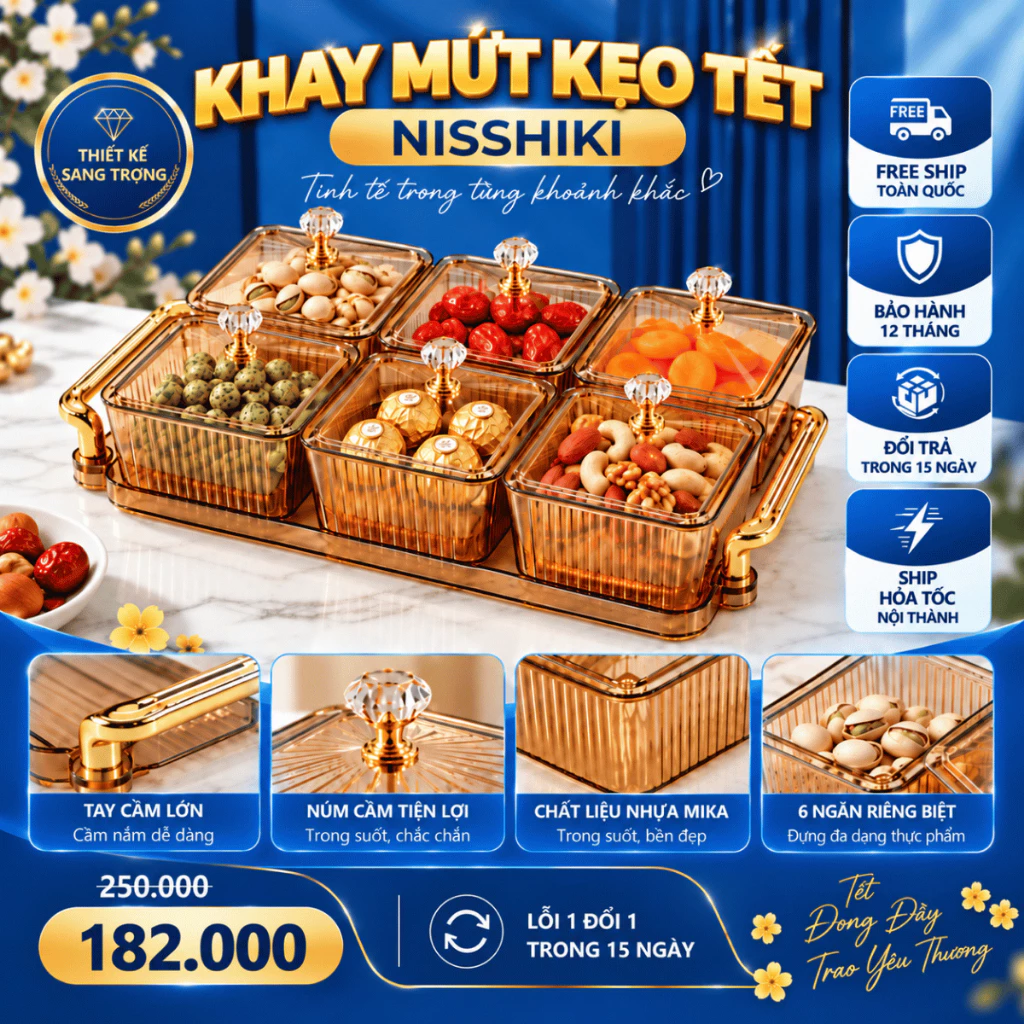 Khay Mứt Kẹo Tết NISSHIKI 6 Ngăn,Hũ Bánh Kẹo Tết 2027,Thiết Kế Hiện Đại,Sang Trọng