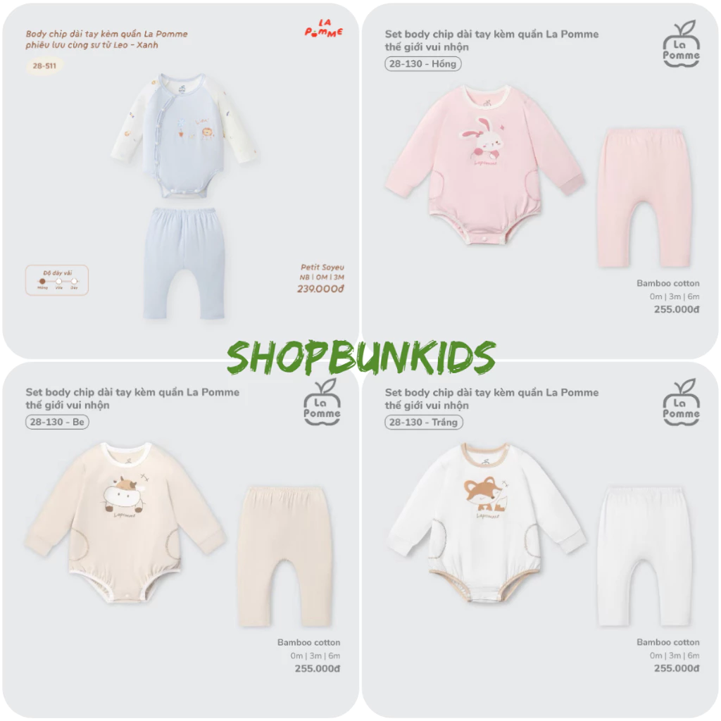 Set bộ kèm quần  body chip thu đông 0-3m /3-6m /6-9m dài tay kèm quần La Pomme bodysuit vải nỉ vừa Cotton mềm mại ấm