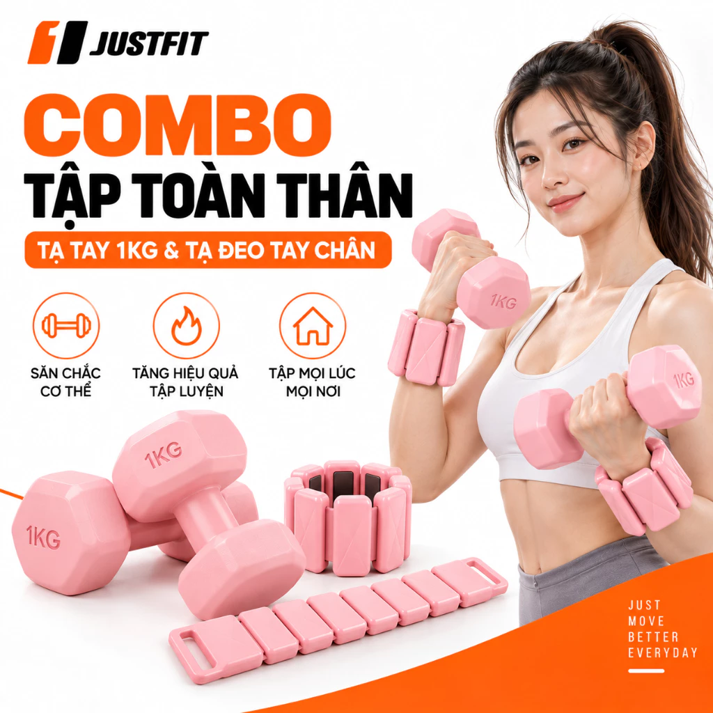 Combo Tạ Tay Nữ JUSTFIT Bọc Nhựa 1–3KG & Tạ Đeo Tay Chân Silicone Lõi Sắt, Tập Gym Fitness Tại Nhà
