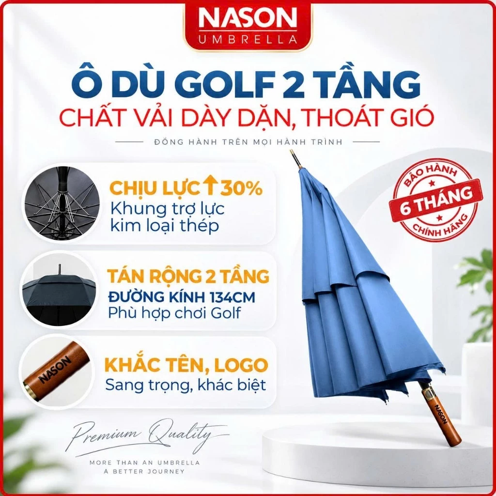 Ô 2 tầng tán siêu rộng 134cm cao cấp G302 NASON Chống lật, Chống thấm nước, Tay cầm gỗ sang trọng