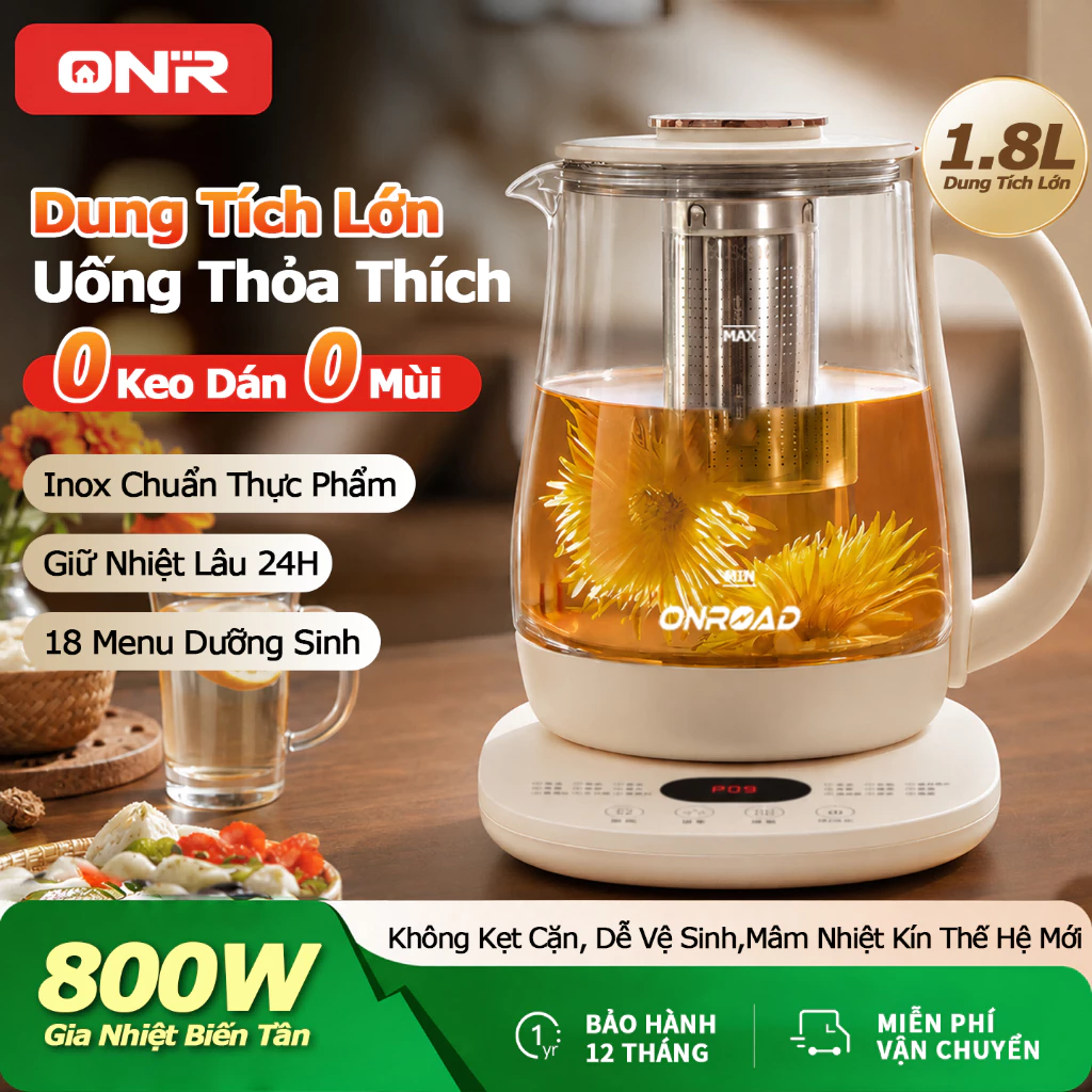 ONR-Ấm Đun Nước Điện Thủy Tinh 1.8L, Bình Giữ Nhiệt 18 Chế Độ Pha Chế, 800W Ấm Đun Nước Nhanh Bảo Ôn